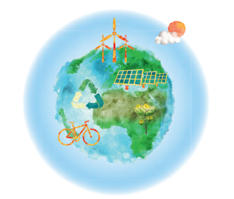 Grafik der Erde mit Solaranlagen, Blumen, Windräder, Fahrrad und der Sonne hinter einer Wolke
