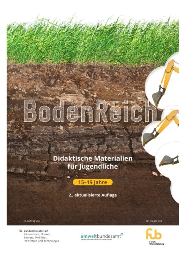 Deckblatt "BodenReich" - Erdreich mit Baggerschaufeln und oben auf sieht man Gras