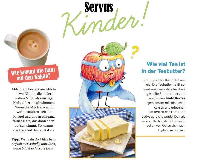 Ausschnitt der Servus Kinderzeitung mit Text und Grafiken von einer Tasse Kakao und einem maskierten Apfel