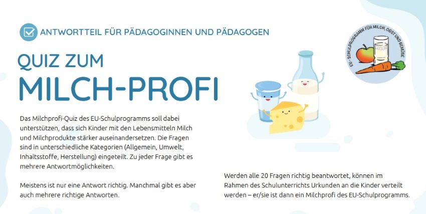 Quiz zum Thema Milch und Milchprodukte mit einem Milchglas, Jogurtbecher und Käse mit Gesicht