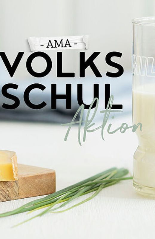 Ausschnitt des Handbuches "AMA Volksschulaktion" Schnittlauch, ein halbes Glas Milch und ein Brett mit einem Stück Käse