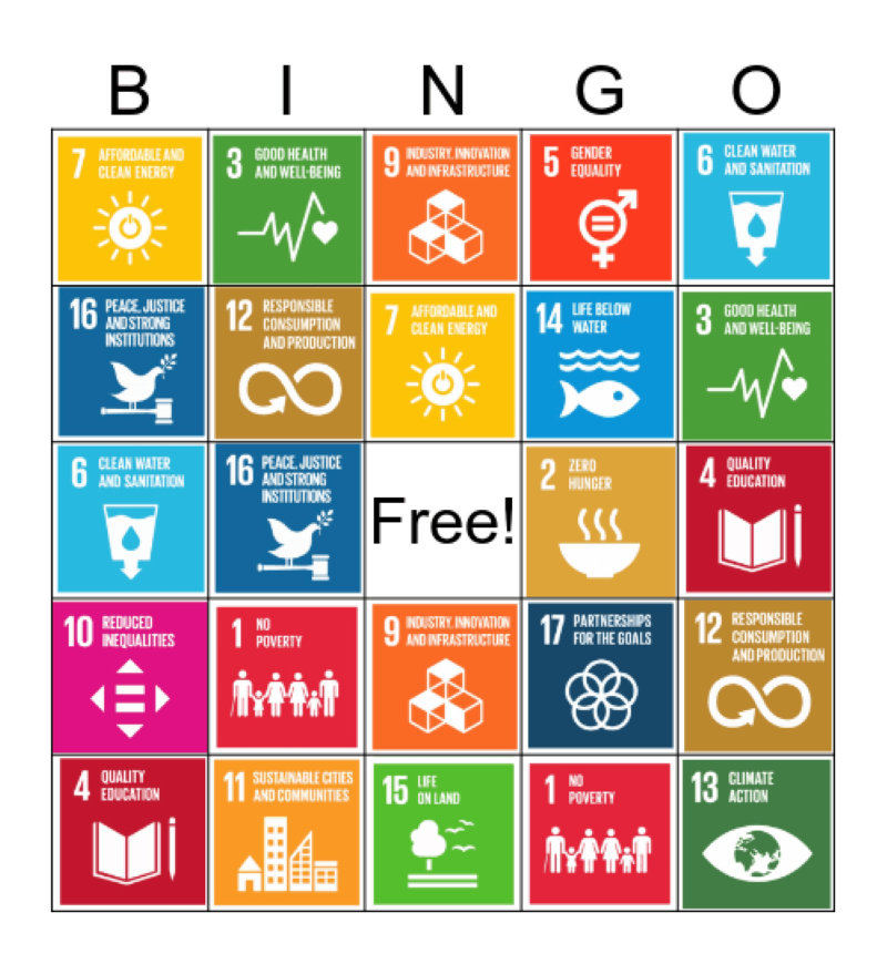 Ausschnitt vom SDG Bingo mit diversen Grafiken; Familie, Häuser, Würfel, Heft mit Bleistift, uvm.