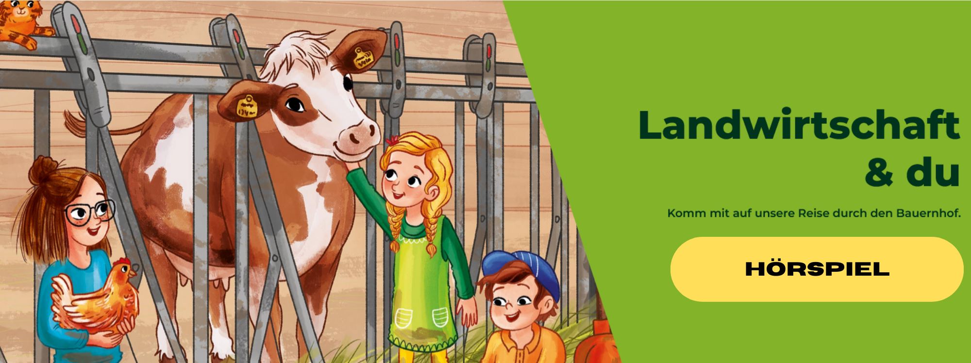 Am Titelbild von Landwirtschaft und du sind drei Kinder mit einer Kuh, einer Henne und einer Katze in einem Stall mit Kombinationshaltung abgebildet.