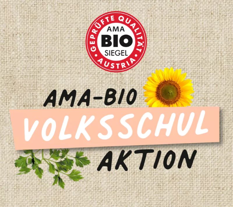 Ausschnitt vom Handbuch "Bio Volksschulaktion", mit dem AMA Qualitätssiegel, Petersilie und Sonnenblumen darauf