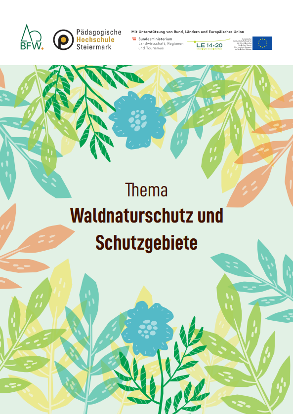 Bunt gestaltetes Titelblatt mit der Überschrift 'Thema Waldnaturschutz und Schutzgebiete'