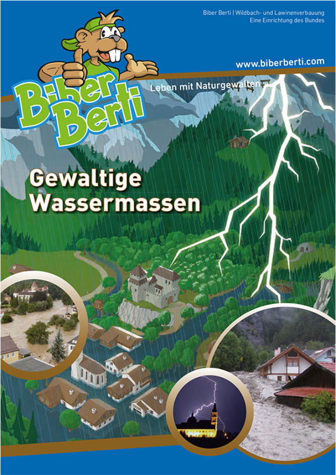 Skizzenhaft dargestelltes Bergdorf mit Blitz und Überschwemmungen