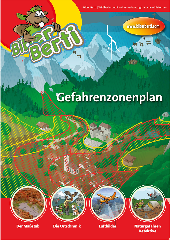 Titelblatt des Lesehefts "Gefahrenzonenplan" mit skizzenhaft dargestelltem Berghang und darauf eingezeichneten gelben und roten Gefahrenzonen