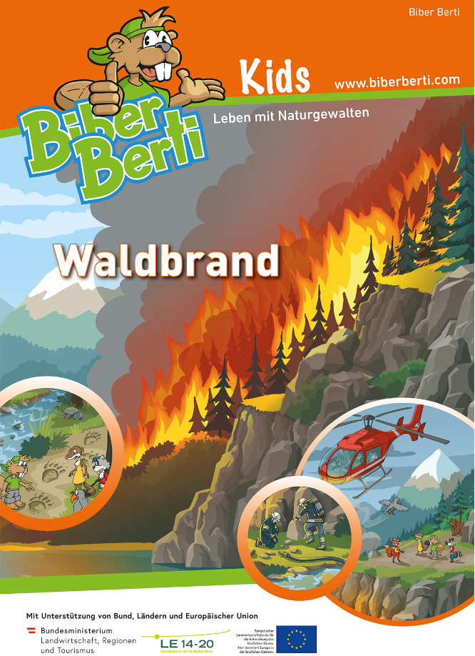 Titelblatt mit skizzenhaft dargestelltem Waldbrand auf einem Berghang 