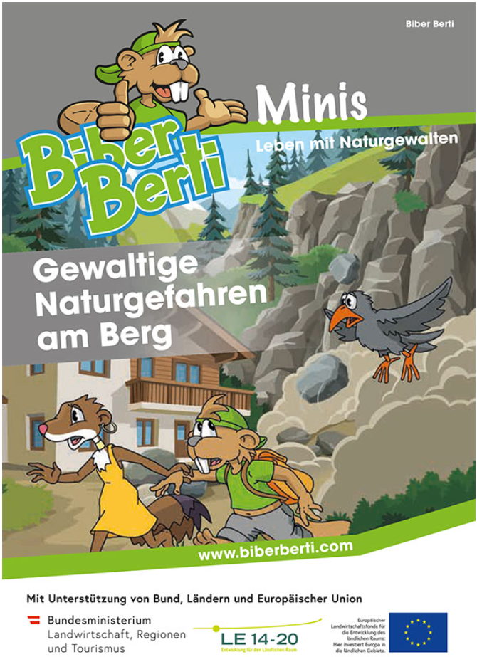 Titelblatt mit skizzenhaft dargestellter Almhütte vor einem Berghang, auf dem ein Stein abzurutschen droht