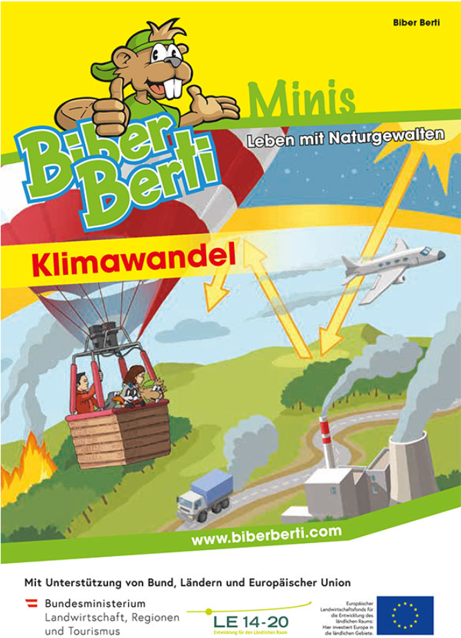 Kindgerechte Darstellung verschiedener Elemente des Klimawandels (Feuer, Fabriken, Flugzeug, Atmosphäre, Sonne)