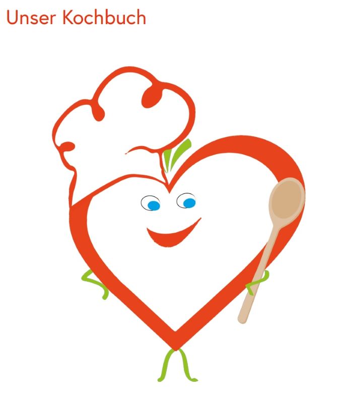 Lebensmittel sind kostbar Logo - ein Herz mit Gesicht, Händen und Füßen, einer Kochmütze und Kochlöffel