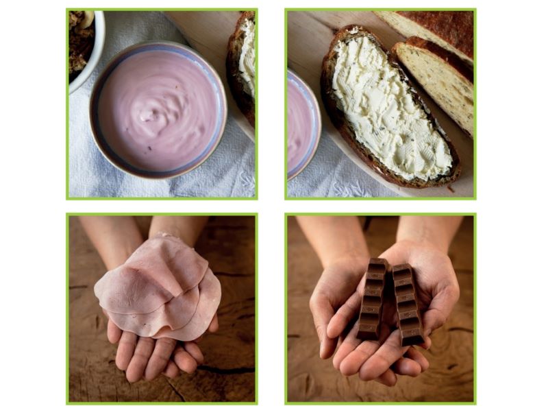 Bildreihe: Jogurt, Brot mit Aufstrich, Wurst und Schokolade