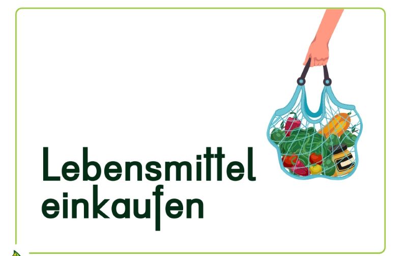 Eine Hand mit einer Einkaufstüte und der Schriftzug "Lebensmittel einkaufen"