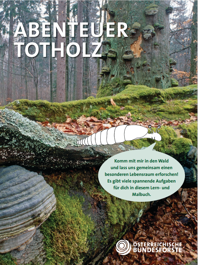 Das Titelblatt von Abenteuer Totholz zeigt einen mit Moos und Baumpilzen bewachsenen, umgestürzten Baum. 