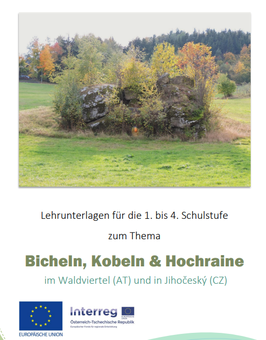Titelblatt der Lehrunterlage, mit der Abbildung eines mit Bäumen überwachsenen Felsens inmitten von Wiesen