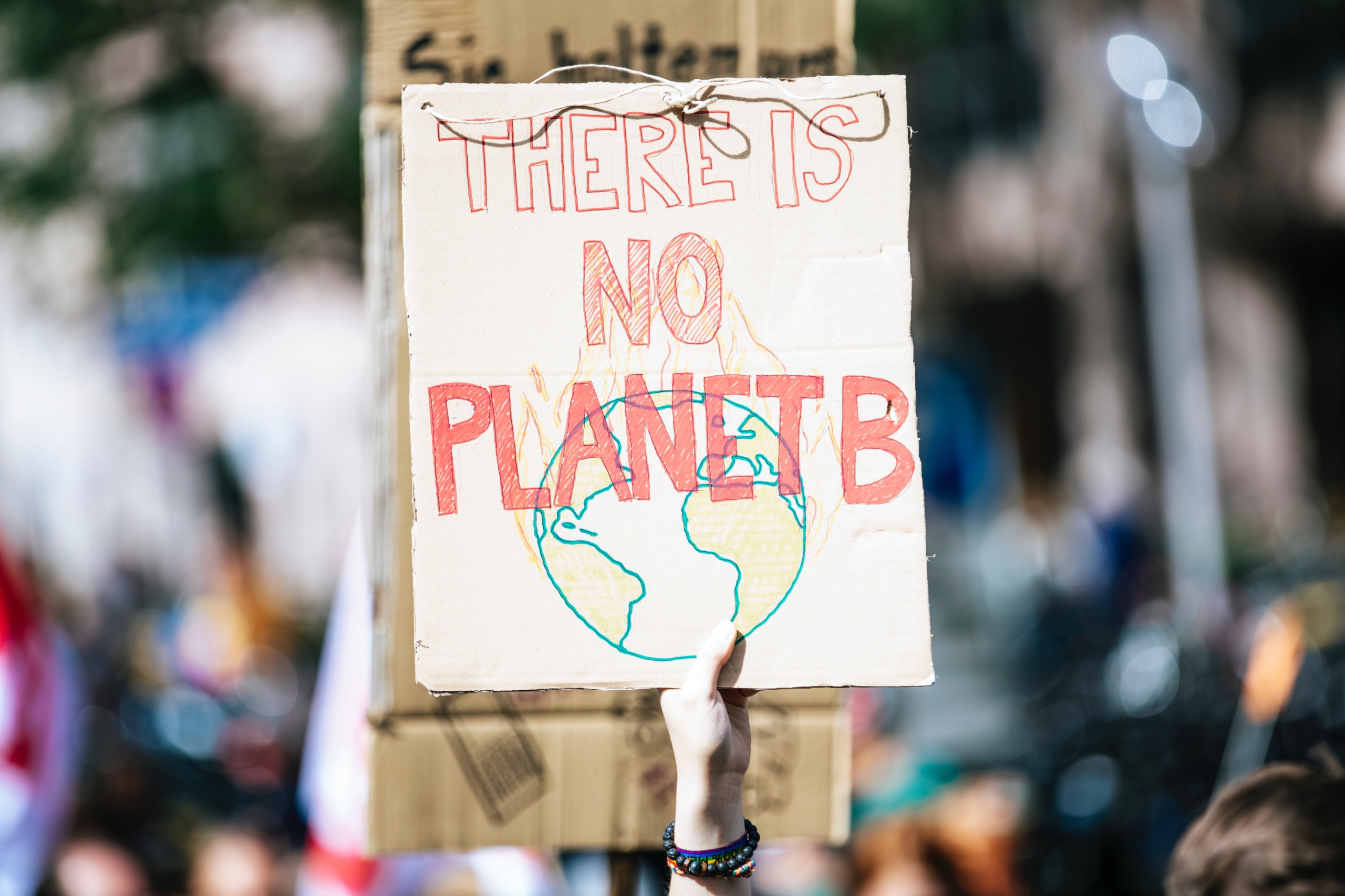 Nahaufnahme eines Plakates mit "There is no Planet B" bei einer Klima-Demonstration