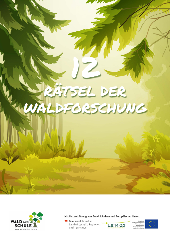 Titelbild von "12 Rätsel der Waldforschung", welches skizzenhaft einen Wald zeigt