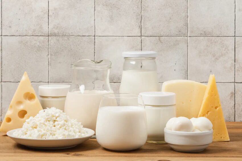 Käsesorten, Milch in verschiedene Gläser, Jogurt und Topfen.
