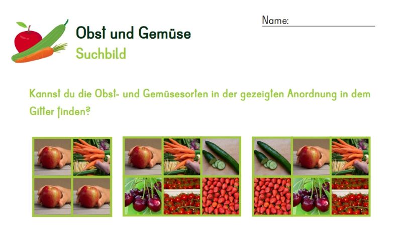 Ausschnitt vom Arbeitsblatt "Suchbild" mit diveresen Obst- und Gemüsesorten