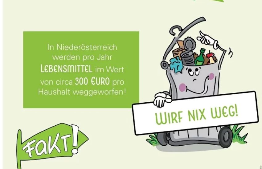 Eine Comic-Mülltonne die in der Hand ein Schild hält auf dem 'Wirf nix weg' steht