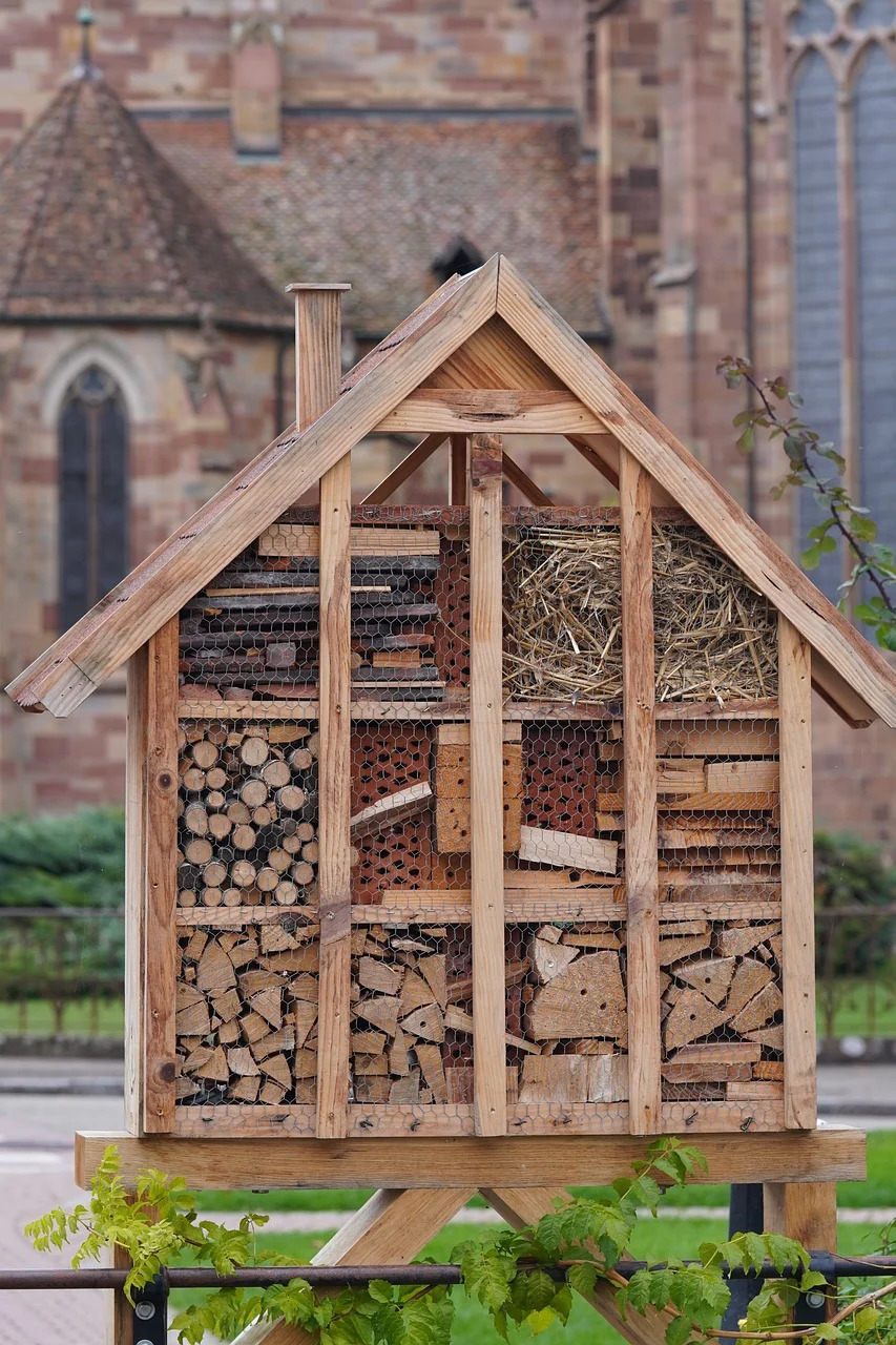 Ein Insektenhotel aus Holz und im Hintergrund sieht man ein altertümliches Gebäude