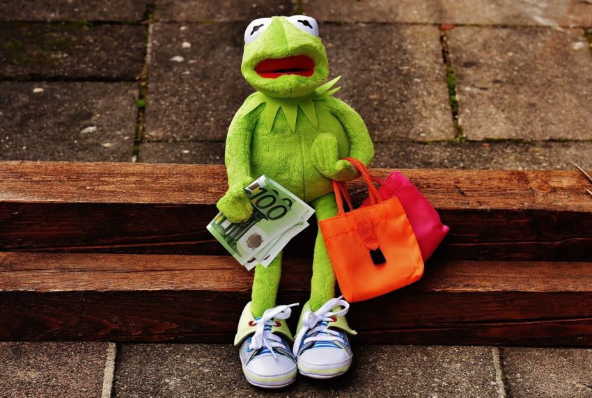 Kermit der Frosch sitzt auf einer Stufe und hält in einer Hand Geld und in der anderen eine Tasche