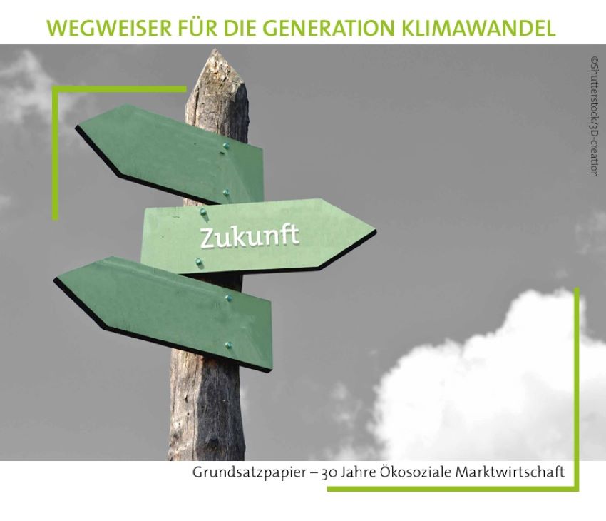 Ein Wegweiser mit drei Pfeilen auf denen zwei nach links zeigen und einer nach rechts, dieser hat die Aufschrift Zukunft.