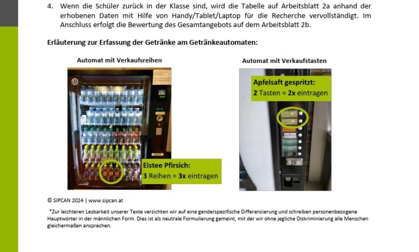Links sieht man einen Getränkeautomaten und rechts ist ein weiters Bild mit den Knöpfen, wo man die passenden Getränke auswählen kann.