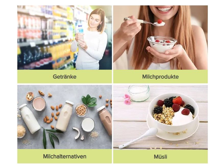 Vier Bilder, eines zeigt eine Frau im Supermarkt bei den Getränkeregalen, eine Frau hält ein Jogurt mit Früchten in einer Glasschale in der Hand, Produkte als Alternative von Milch auf einen Tisch, eine Müslischale mit Früchten