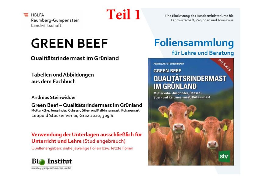 Titelfolie der Präsentation, Deckblatt vom Buch 'Qualitätsrindermast im Grünland' auf den Kühe mit Ohrmarken zu sehen sind
