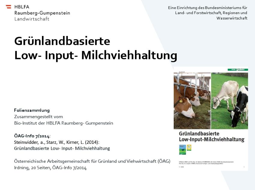 Titelfolie der Präsentation, Bilder von Kühen im Stall und auf der Weide
