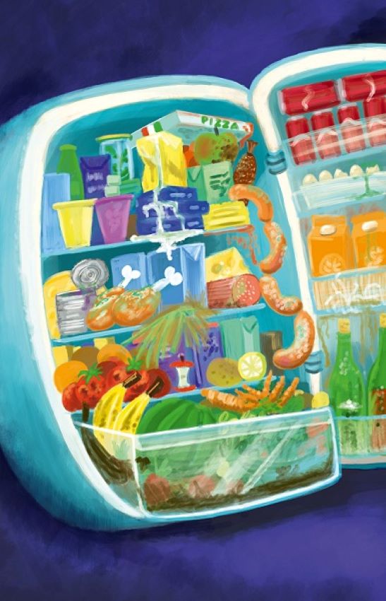 Ein Comic-Kühlschrank der voll ist mit Lebensmitteln, wie zB. Obst, Gemüse, Wurst, Säfte, Softdrinks, Milchprodukte, Pizzakarton, uvm.