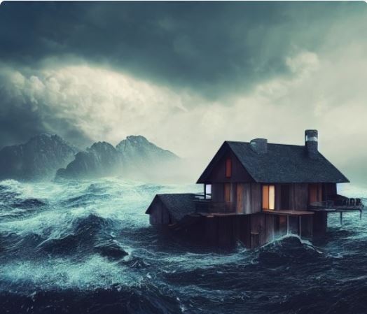 Podcast Einstimmungsbild: Ungewitter im Meer mit Holzhaus, im Hintergrund Berglandschaft