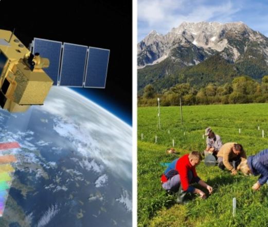 Podcast Einstimmungsbild: Satellit im Weltall, Menschen im Grünland kniend