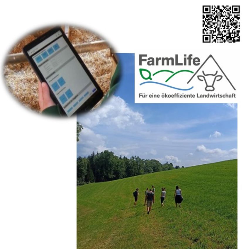 Eine Wiese auf der Personen zu sehen sind, das Logo der Software 'FarmLife' und eine Hand die ein Tablett hält auf dem man einen Ausschnitt dieser Software sehen kann.