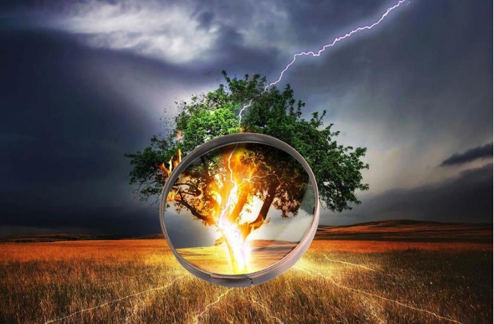 Ein Baum mitten auf einem Feld, ein Blitz schlägt ein und der Baum fängt am Stamm an zu brennen