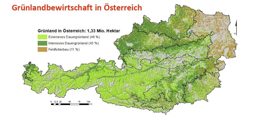 Eine Karte von Österreich auf der die Grünlandbewirtschaftung in 3-Farbstufen eingezeichnet ist. 