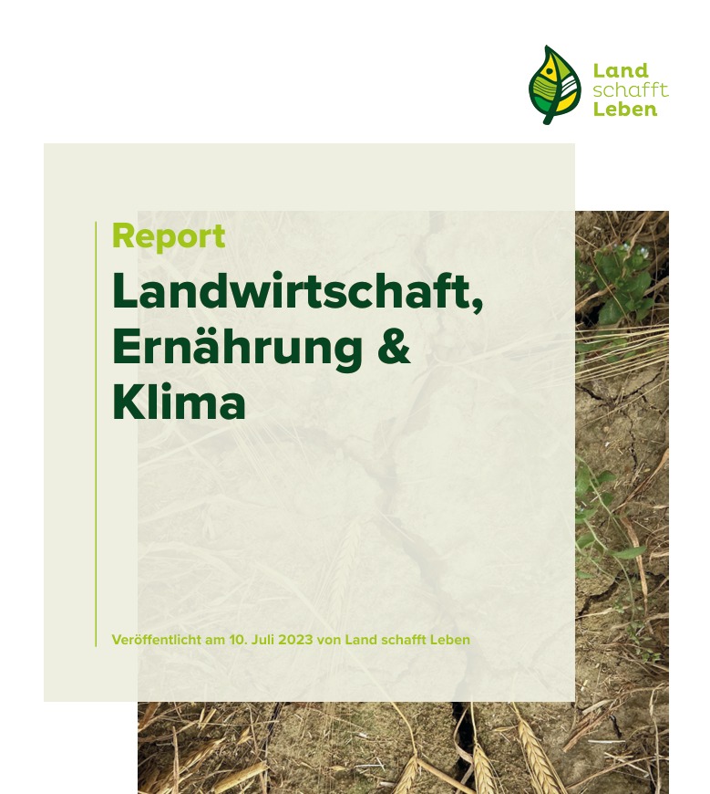 Deckblatt vom Report 'Landwirtschaft, Ernährung und Klima' - im Hintergrund sieht man ein paar Ähren und getrocknete Erde