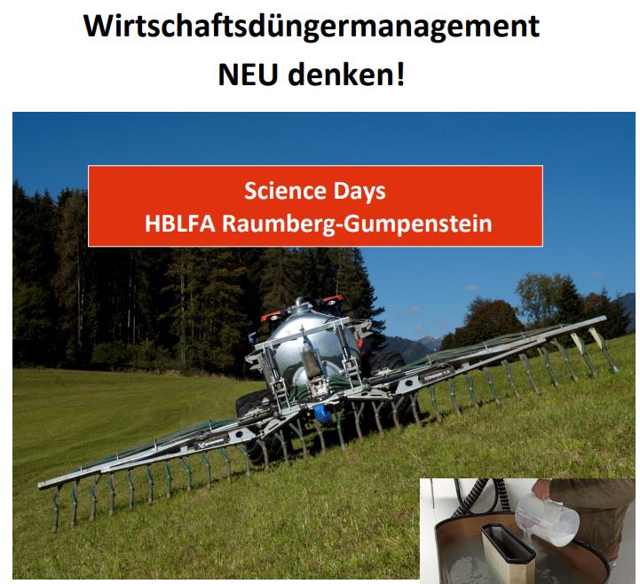 Titelbild des Handouts, Grünland mit Traktor, welcher eine Düngemaschine angehängt hat