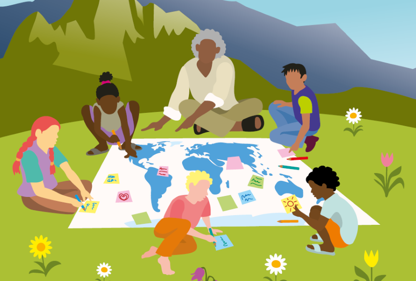 Grafik mit einen Erwachsenen und einigen Kindern die um ein großes Plakat sitzen auf der die Welt aufgezeichnet ist.