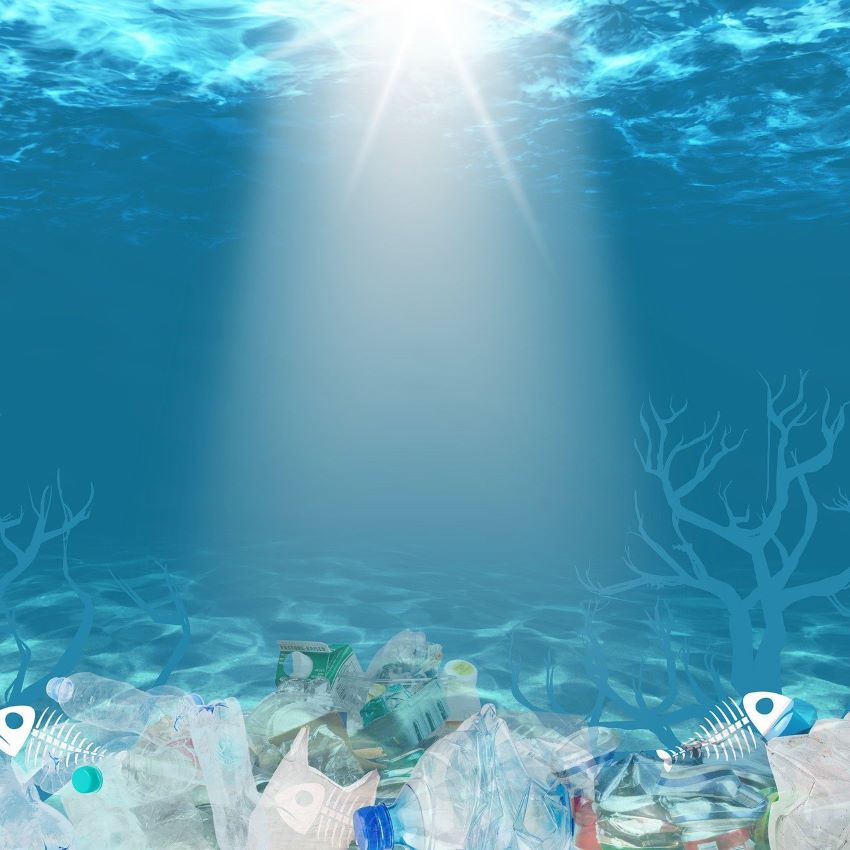 Grafik vom Meeresgrund, welcher bedeckt mit Plastikmüll ist