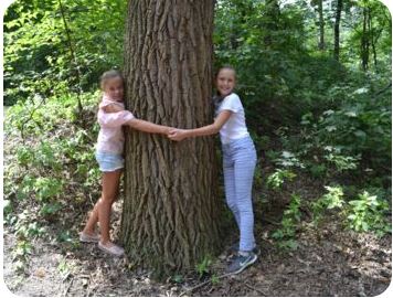 zwei Mädchen umarmen einen großen Baum