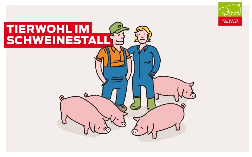 Eine Grafik auf der man einen Bauer und eine Bäuerin mit vier Schweinen erkennen kann