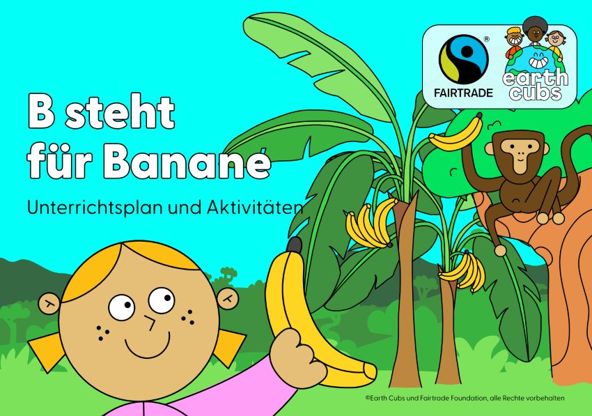 Grafik eines Mädchens, dass eine Banane in der Hand hält und diese zu einem Affen auf einen Bananenbaum hinhält