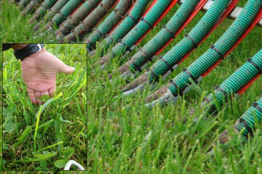 eine Hand die ins Gras greift und Acker der gedüngt wird