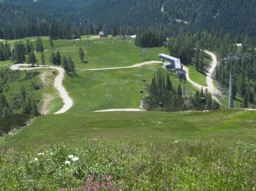 Alm mit einer Liftstation und Straße
