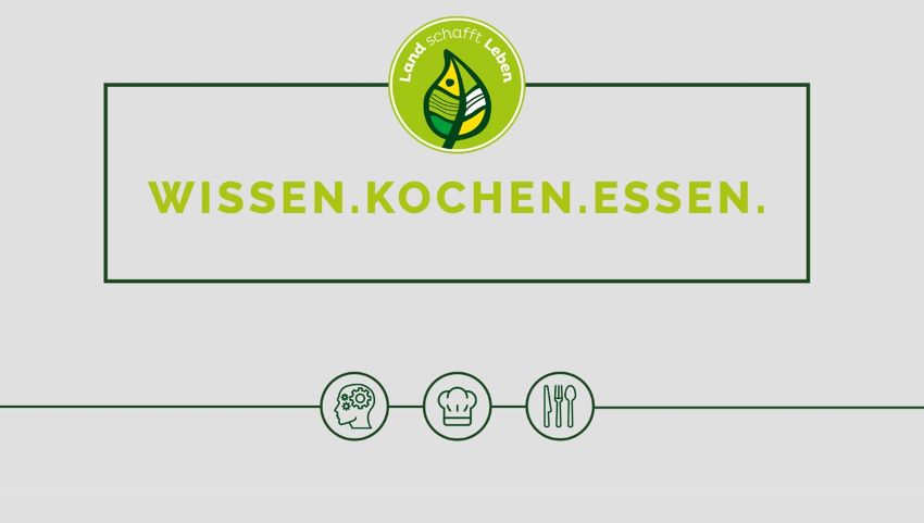 Deckblatt Handbuch mit Text 'Wissen.Kochen.Essen' und drei Grafiken - Kopf, Kochmütze und Essbesteck
