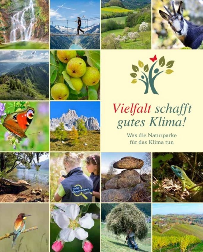 Deckblatt der Broschüre mit Bildern von Insekten, Gams, Menschen beim Wandern, Berge, Wiesen, Seen, Obst, Steine, uvm..