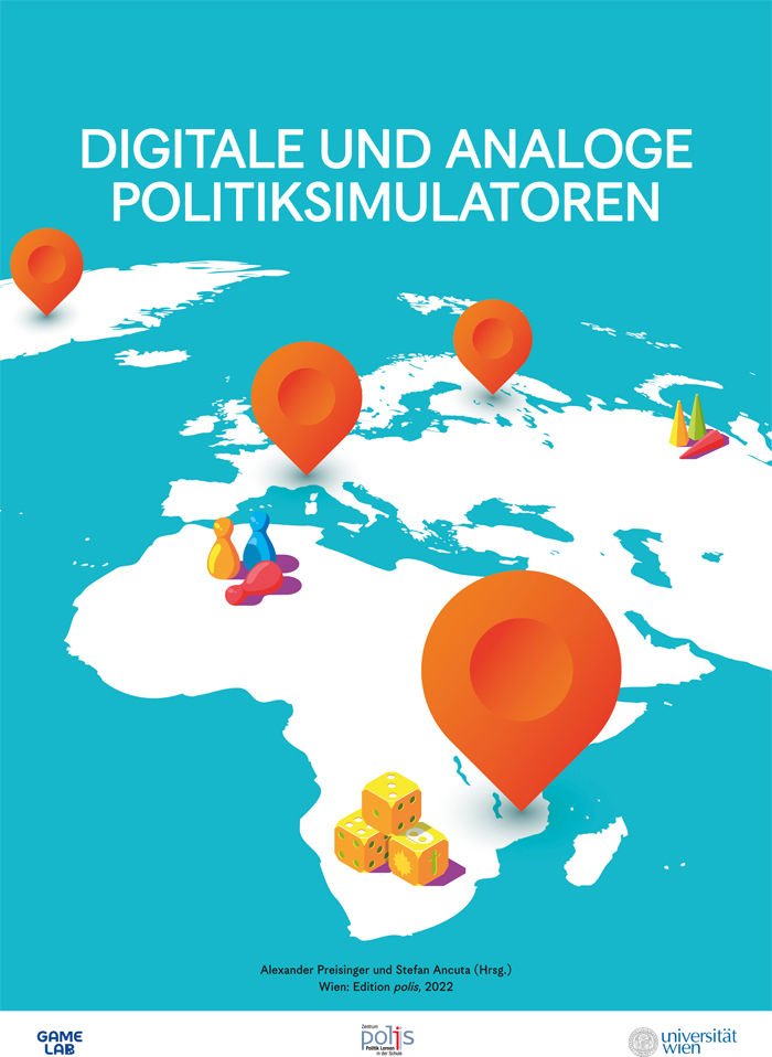 Titelbild der Broschüre: Weltkarte mit Spielfiguren und Ortsmarkierungen