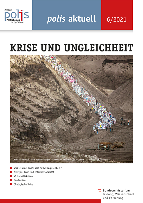 Titelbild der Broschüre: Tagabbau mit Menschenschlange